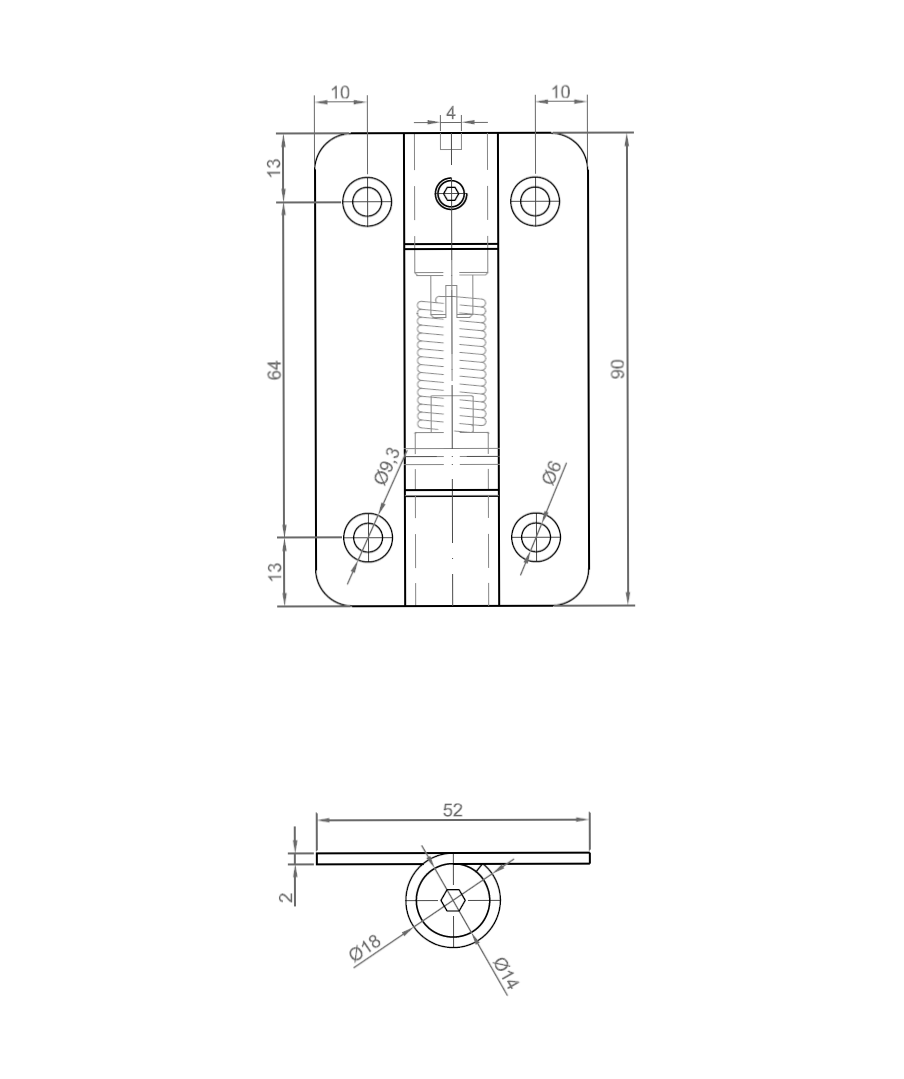 Fjederhængsel, rustfrit stål, begge retninger, justerbar, L=90, B=52, H=18