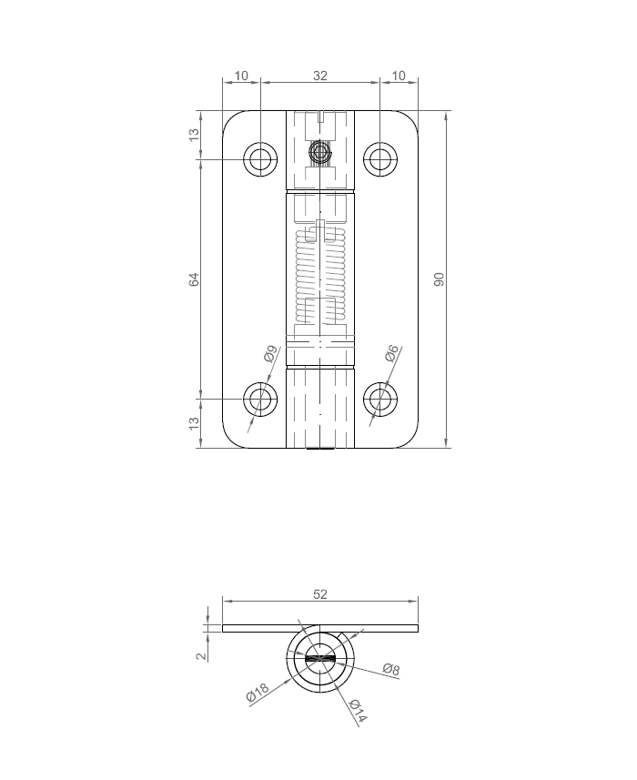 Fjederhængsel, stål, begge retninger, justerbar, L=90, B=52, H=18