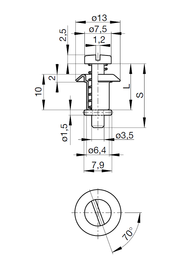 Låsebolt, stål, elforzinket gulkromateret overflade, stiftlængde=22,65mm, klembredde=5,25-6mm