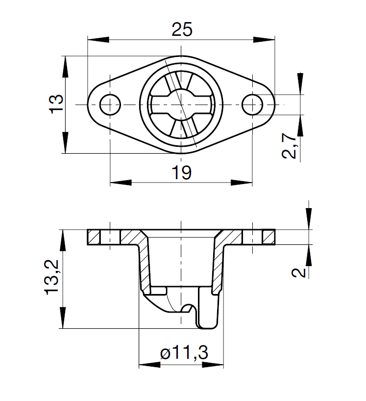 Underdel, trykstøbt zink, forniklet overflade, tykkelse=2, højde=13,2