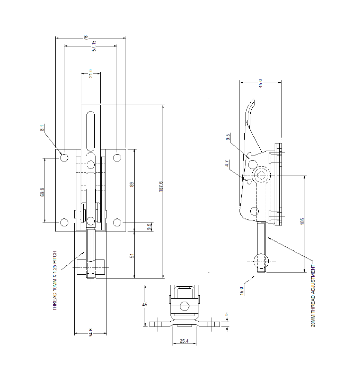 Snaplås, stål, L=187,6, B=76, H=45, justerbar