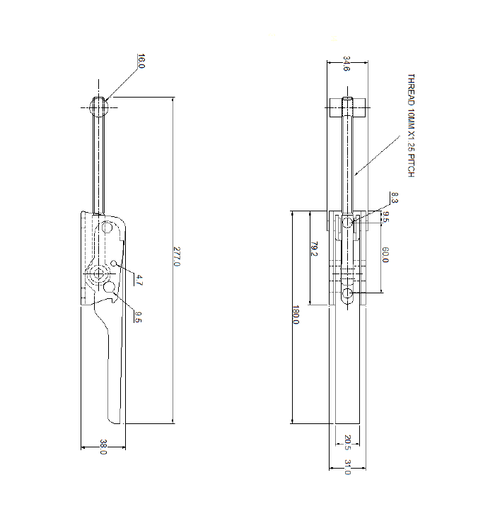Snaplås, stål, L=277, B=34,6, H=38, justerbar