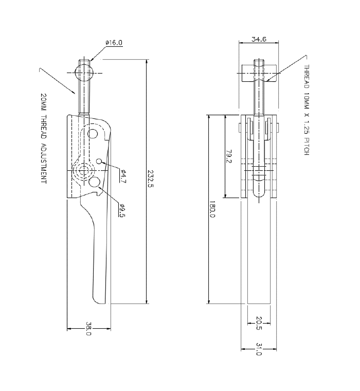 Snaplås, stål, L=232,5, B=34,6, H=38, justerbar