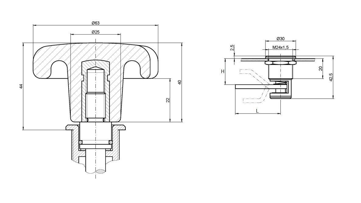 Kompressionslås, håndgreb 360°+, messing, Stjernegreb, vandring=7mm, H-mål=23-30mm justerbar
