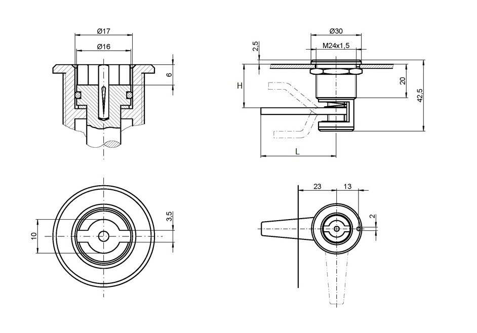Kompressionslås, indsats 360°+, messing, DIN 3, vandring=7mm, H-mål=29-36mm justerbar
