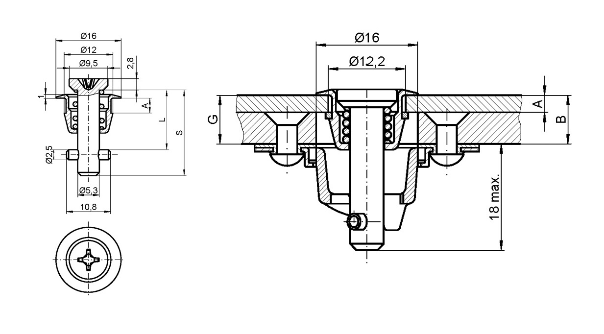 Låsebolt, stål, elforzinket gulkromateret overflade, stiftlængde=22,4mm, klembredde=6,25-7,75mm