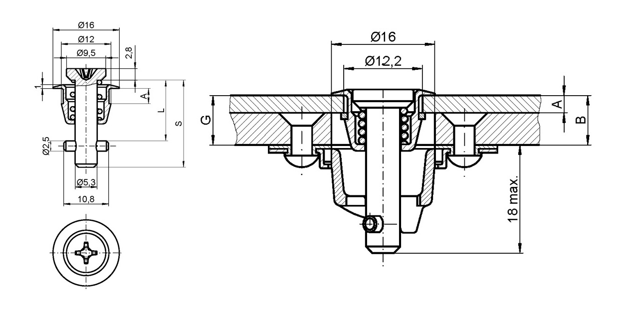 Låsebolt, stål, elforzinket gulkromateret overflade, stiftlængde=24,65mm, klembredde=7,75-9,25mm