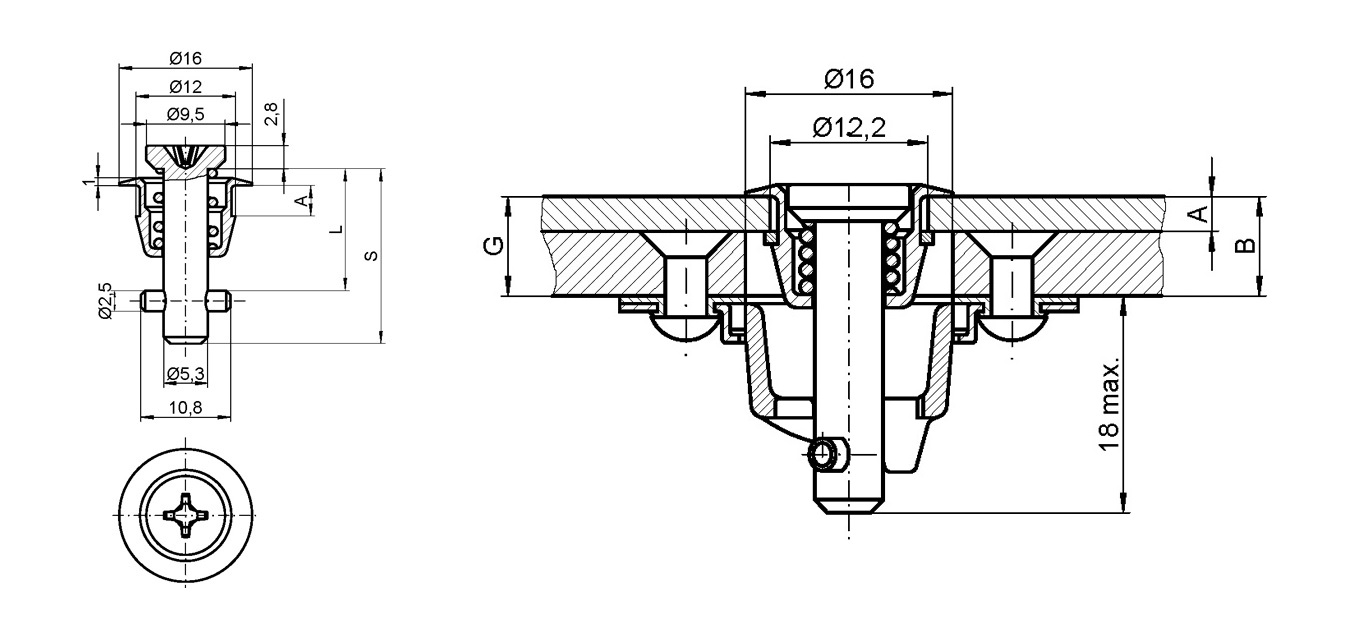Låsebolt, stål, elforzinket overflade, stiftlængde=17,9mm, klembredde=1-2,5mm