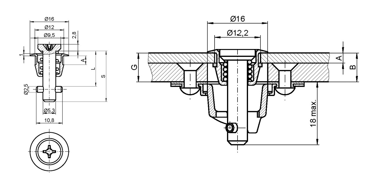 Låsebolt, stål, elforzinket gulkromateret overflade, stiftlængde=17,9mm, klembredde=1,75-3,25mm