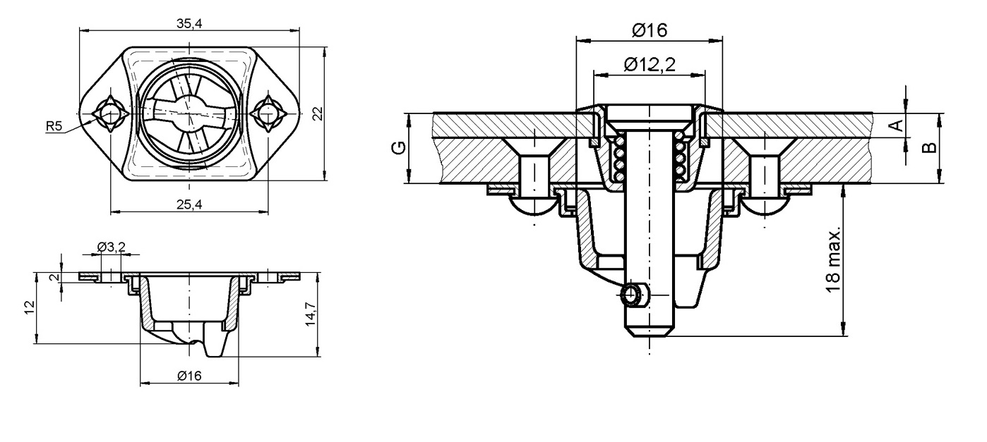 Underdel, trykstøbt zink, forniklet overflade, tykkelse=2, højde=14,7