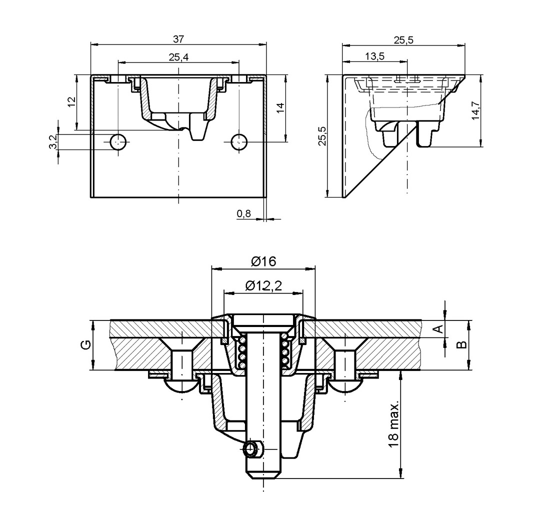 Underdel, trykstøbt zink, forniklet overflade, tykkelse=0,8, højde=14,7