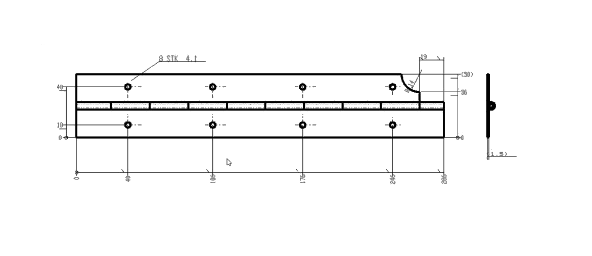 Kanthængsel med huller, rustfrit stål, L=286, B=50, T=1,5