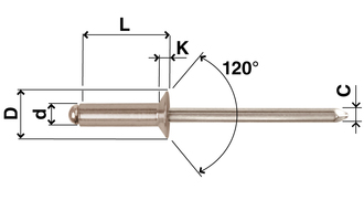 Blindnitte, åben, undersænket, rustfrit stål, D=4,8, L=14, min. nitteevne=7,5