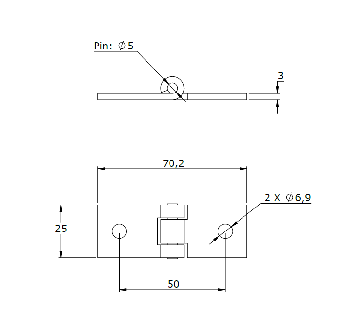 Kanthængsel med huller, stål, L=25, B=70,2, T=3