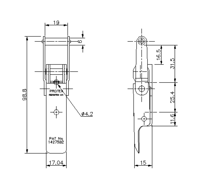 Snaplås, rustfrit stål, L=98,8, B=26, H=15, ikke justerbar