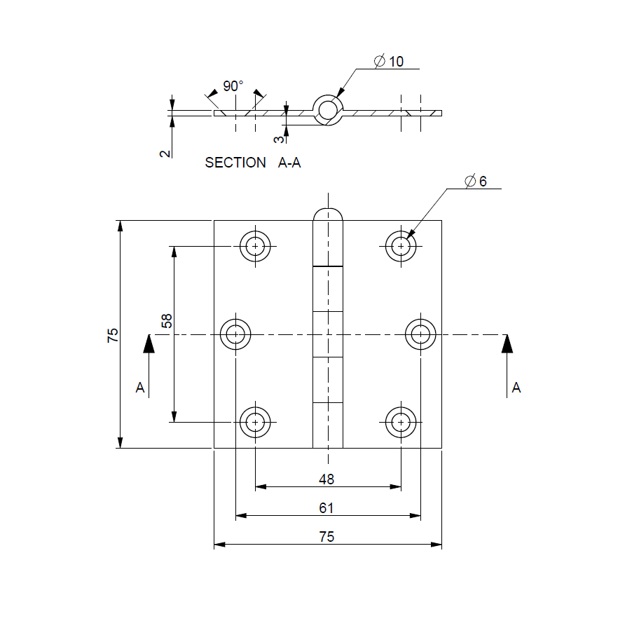 Kanthængsel med huller, rustfrit stål, L=75, B=75, T=2