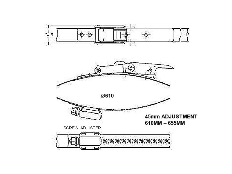 Komplet spændebånd, rustfrit stål, Diameter interval: 610-655mm, belastningsklasse= Høj