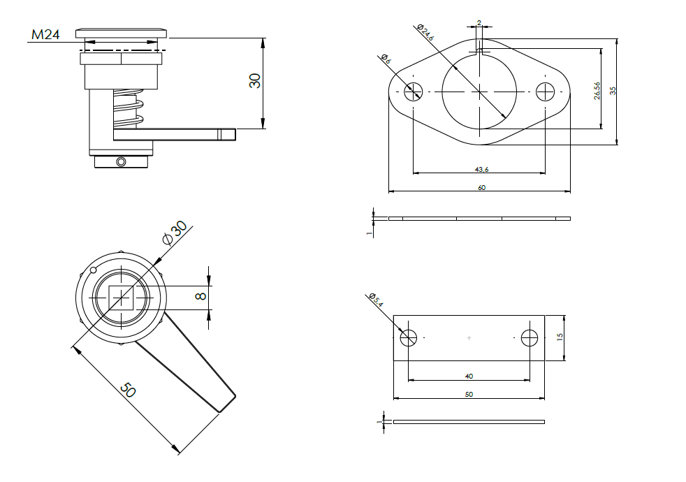 Kompressionslås, indsats 360°+, syrefast stål, Firkant 8, vandring=7,5mm, H-mål=22,5-30mm justerbar