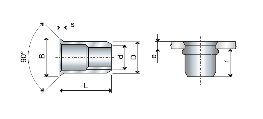 Blindnittemøtrik (nut), åben, rund, stål, diameter=6,9, M5, L=13, min. nitteevne=1,5