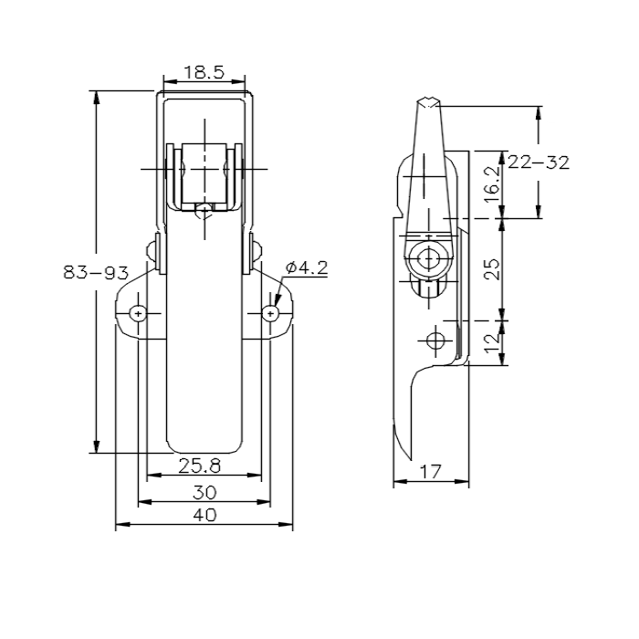 Snaplås, stål, L=93, B=40, H=17, justerbar