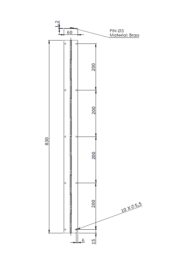 Pianohængsel med huller, stål, L=830, B=60, T=1,2