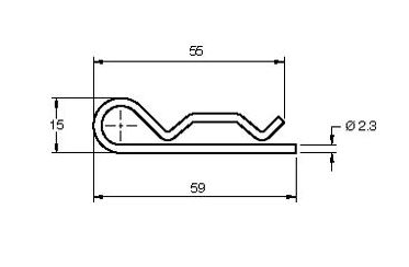 Åben fjedersplit, ubehandlet rustfrit stål, L=59mm, H=15mm, tråddiameter=2,3mm