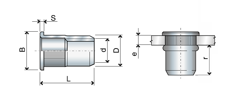 Blindnittemøtrik (nut), åben, rulleteret, rustfrit stål, diameter=10,9, M8, L=20, min. nitteevne=3,5