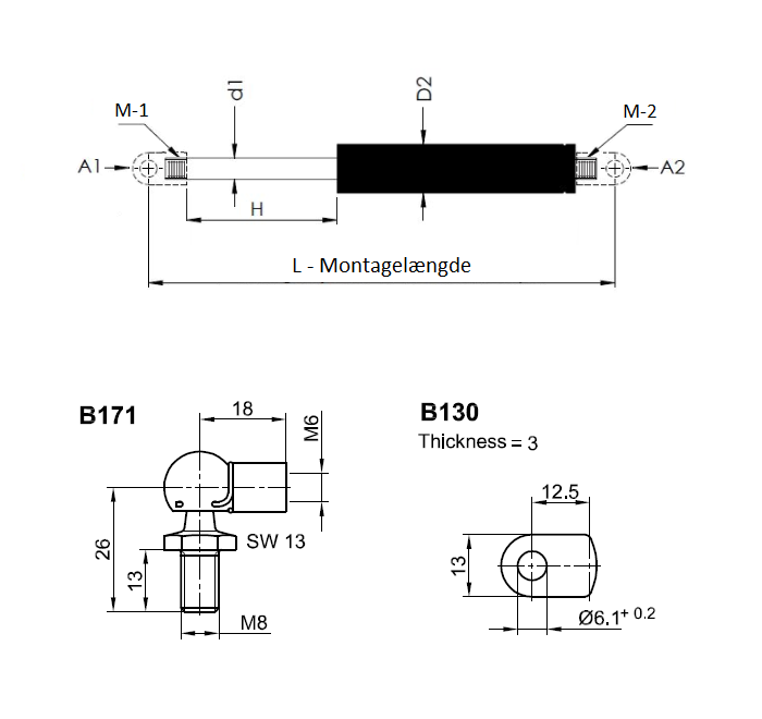 Gasfjeder, stål, M6 gevind, slaglængde = 100 mm, Kraft = 100 N