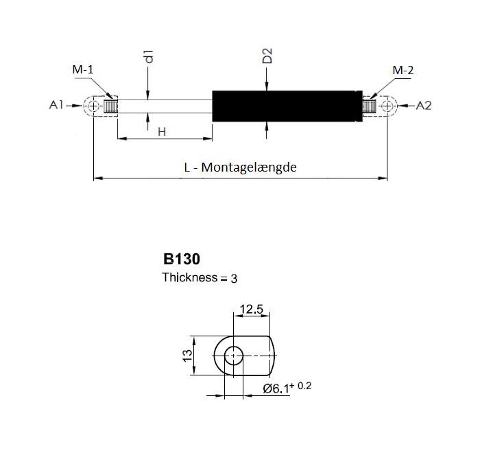 Gasfjeder, stål, svejst gevind, slaglængde = 150 mm, Kraft = 200 N