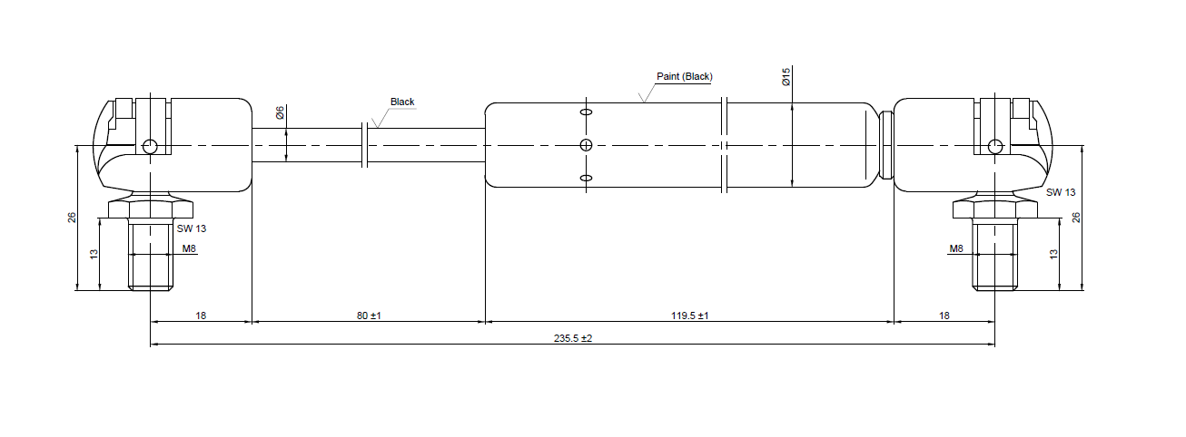 Gasfjeder, stål, M6 gevind, slaglængde = 80 mm, Kraft = 300 N