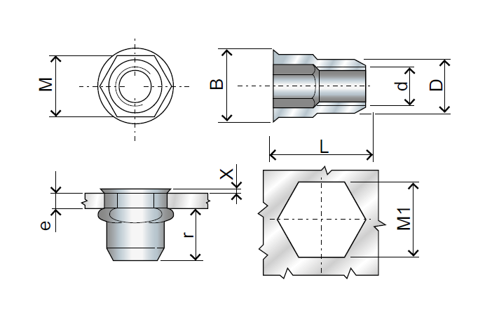 Blindnittemøtrik (nut), åben, sekskantet, rustfrit stål, diameter=10,9, M8, L=15,8, min. nitteevne=0,8