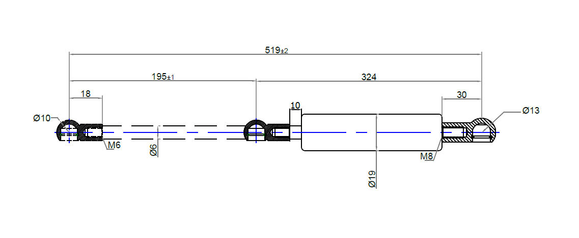 Gastrækfjeder, stål, M6 gevind, slaglængde = 195 mm, Kraft = 80 N