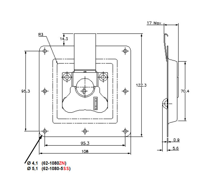 Butterflylås, rustfrit stål, L=122,3, B=108, H=20, med hængelås