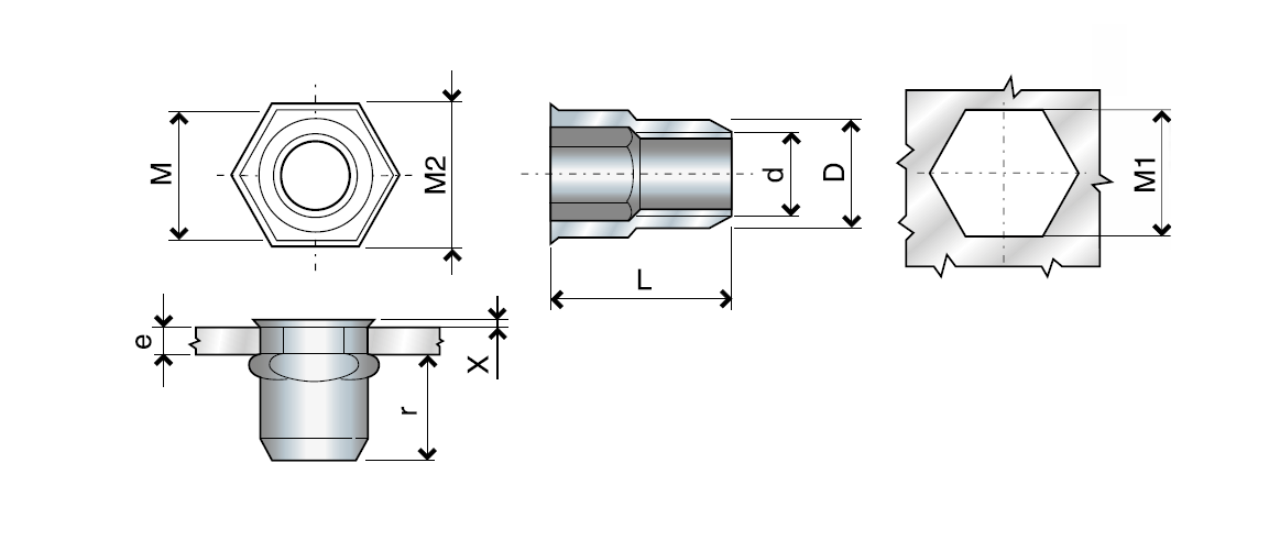 Blindnittemøtrik (nut), åben, sekskantet, stål, diameter=7,2, M5, L=11,8, min. nitteevne=0,5