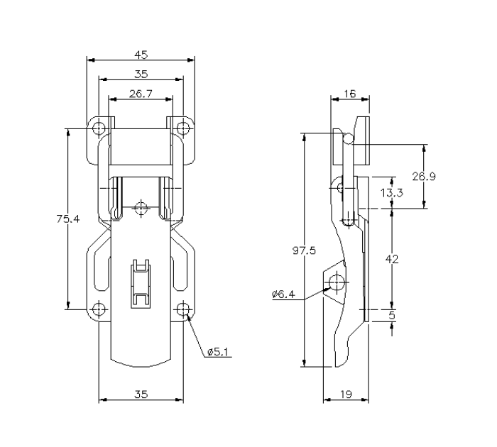 Snaplås, rustfrit stål, L=97,5, B=45, H=19, ikke justerbar