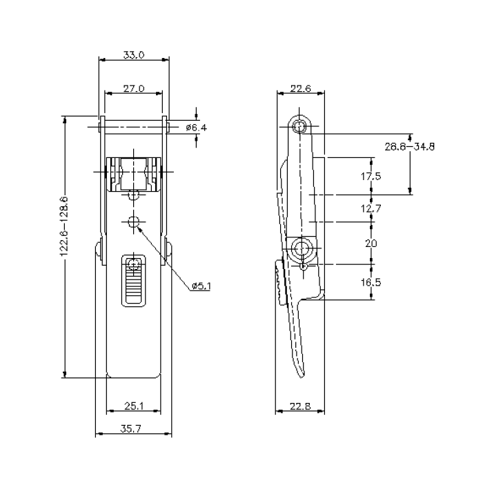 Snaplås, rustfrit stål, L=128,6, B=35,7, H=22,8, ikke justerbar