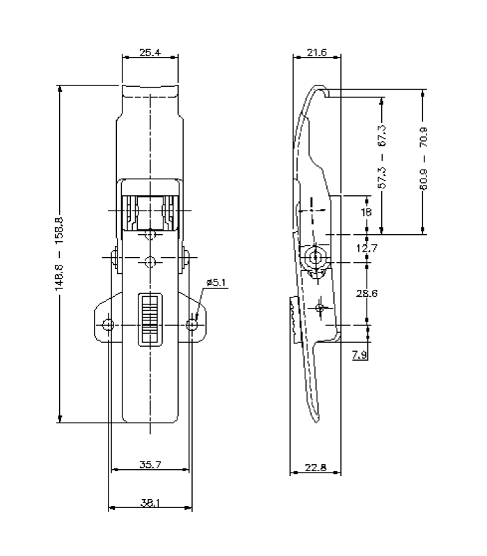 Snaplås, stål, L=158,8, B=51, H=22,8, justerbar