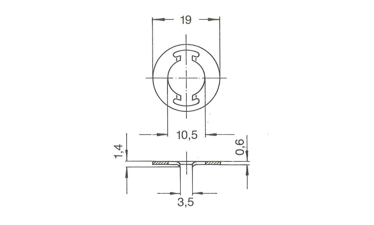 Holdeskive, stål, elforzinket overflade, diameter=19, tykkelse= 0,6