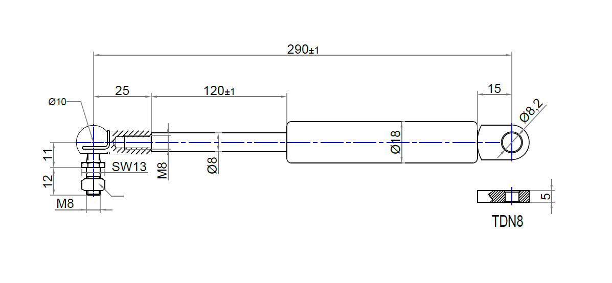 Gasfjeder, stål, M8 gevind, slaglængde = 120 mm, Kraft = 650 N