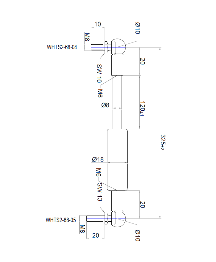 Gasfjeder, stål, M6 gevind, slaglængde = 120 mm, Kraft = 300 N