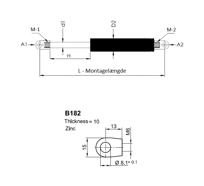 Gasfjeder, stål, M6 gevind, slaglængde = 150 mm, Kraft = 100 N