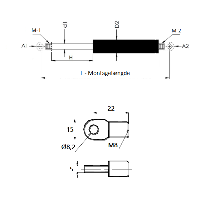 Gasfjeder, stål, M8 gevind, slaglængde = 180 mm, Kraft = 350 N