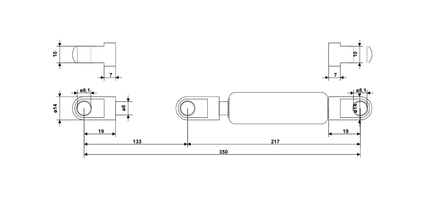 Gasfjeder, stål, M8 gevind, slaglængde = 133 mm, Kraft = 180 N