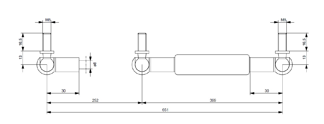 Gasfjeder, stål, M8 gevind, slaglængde = 252 mm, Kraft = 60 N