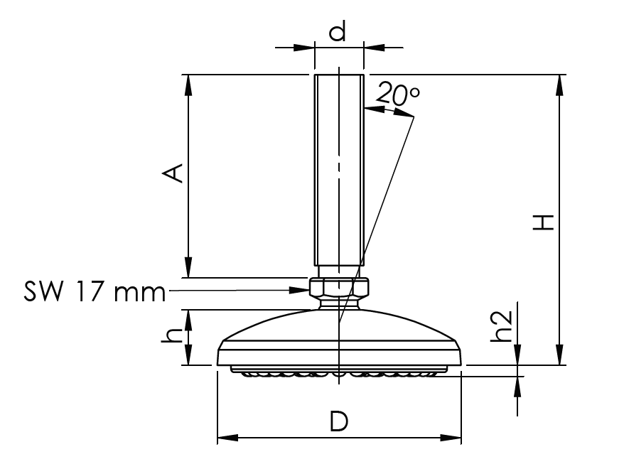 Maskinsko, stål, vinkelbar gevindspindel, M16, fod-diameter = 80 mm