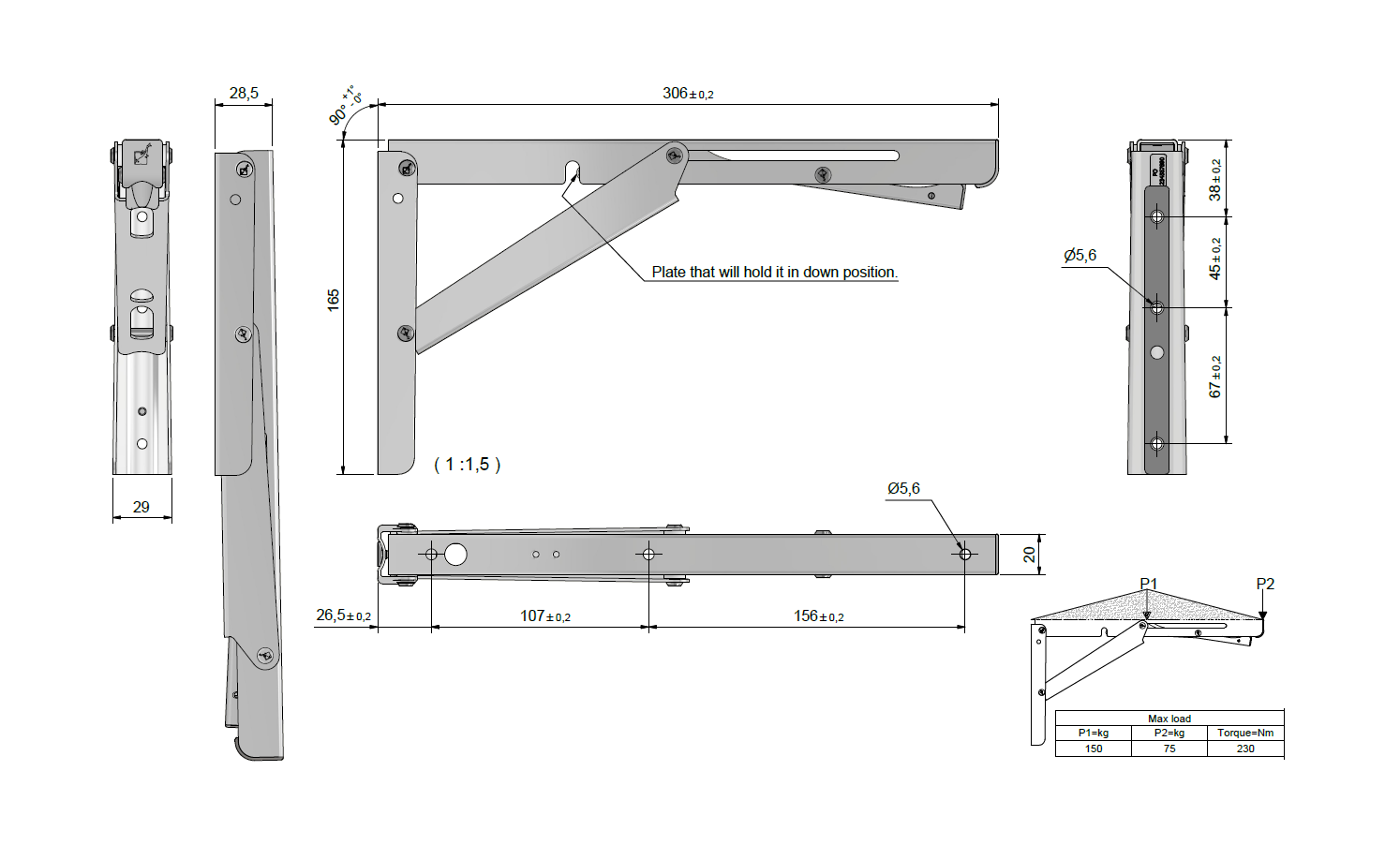 Klapbeslag, rustfrit stål, L=307mm, H=165mm, B=29mm, Ø5,6mm huller