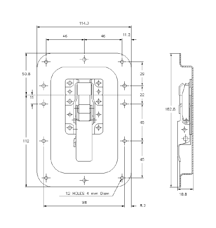 Snaplås, rustfrit stål, L=162,8, B=114,3, H=18,8, ikke justerbar