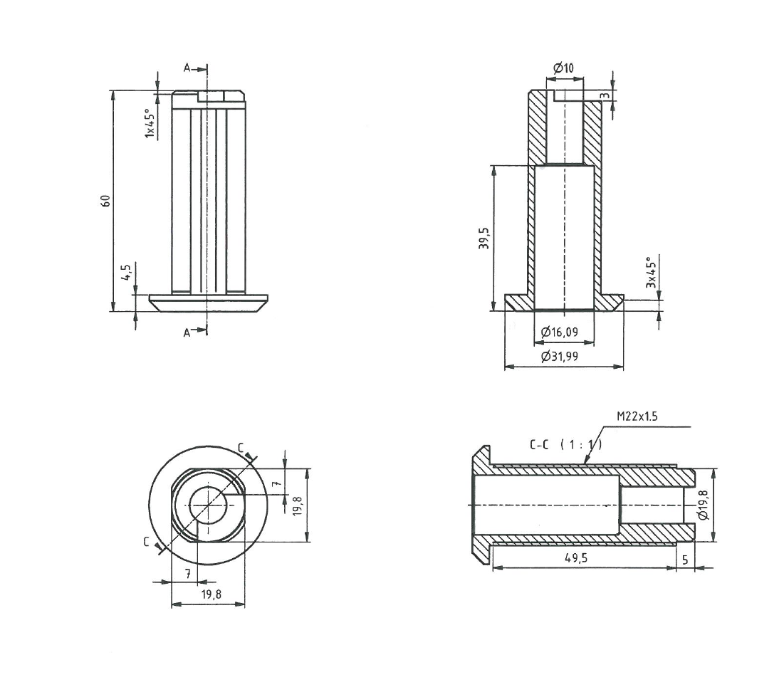 Låsehus, standard, rustfrit stål, D=32, GH=60, pladetykkelse=1,5-50 mm