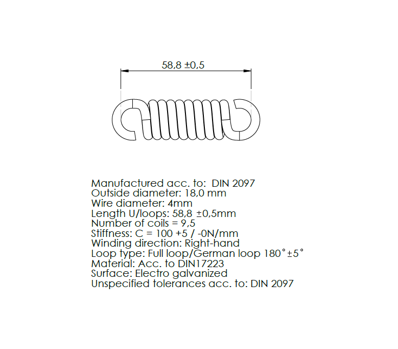 Trækfjeder, stål, d=4mm, Dm=14mm, Lo=58,8mm