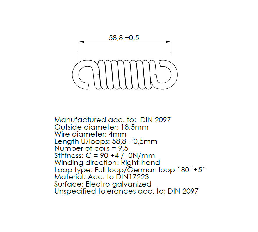 Trækfjeder, stål, d=4mm, Dm=14,5mm, Lo=58,8mm